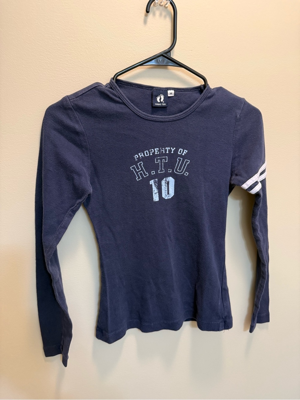 Vintage Hang Ten Long Sleeve Graphic Tee Navy Varsity Striped Y2K Gorpcore